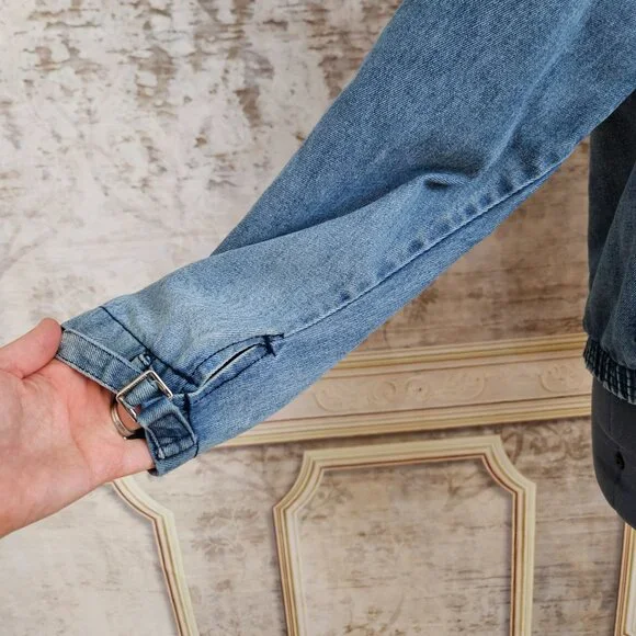 Vintage 1980s Denim Blue Bomber Jacket Distressed Yoke vtg 80s Puff Sleeve M L - Picture 6 of 14